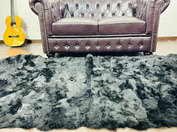 BLACK Fluffy Real SHEEPSKIN Toscane Fur Throw Blanket • Large Area Rug  • Ethically and Organically Wool Rug